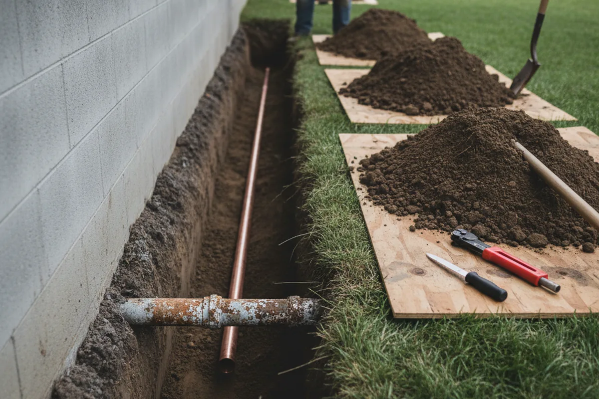 Excavated water line trench during Water Heater Repair in Sawyer